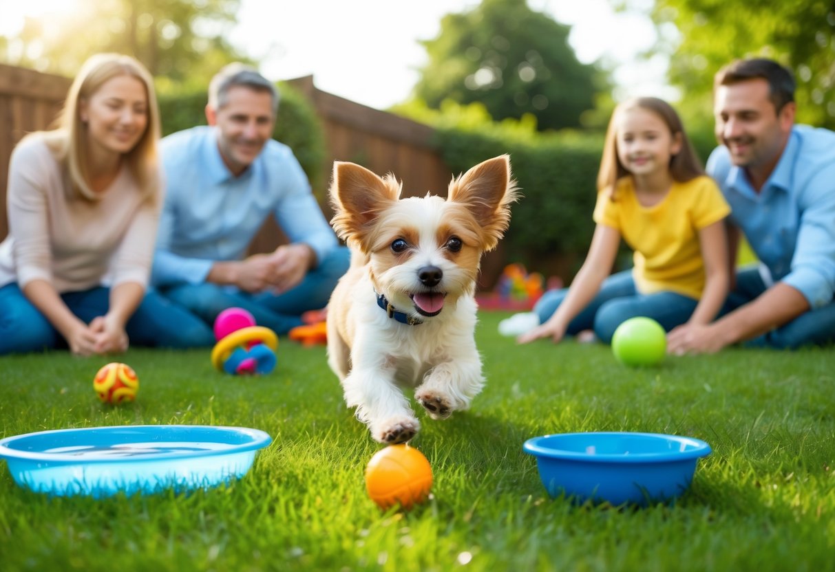 A small dog happily playing in a backyard, surrounded by toys and a bowl of water, with a family looking on lovingly