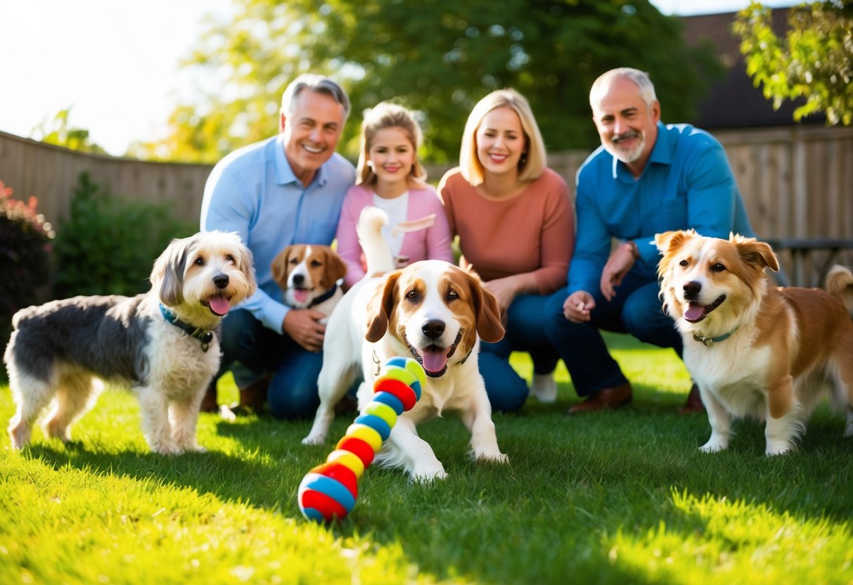 A senior dog happily playing with a toy in a sunny backyard, surrounded by a loving family and other dogs of various ages
