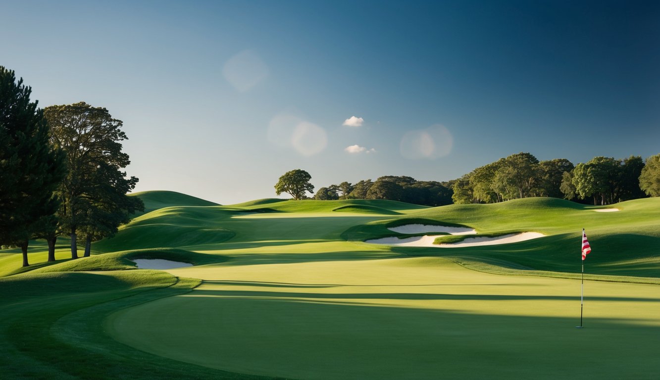 Sebuah lapangan golf yang tenang dengan bukit hijau bergelombang, pohon-pohon rimbun, dan langit biru yang cerah, dengan bendera berkibar di angin di lubang ke-18