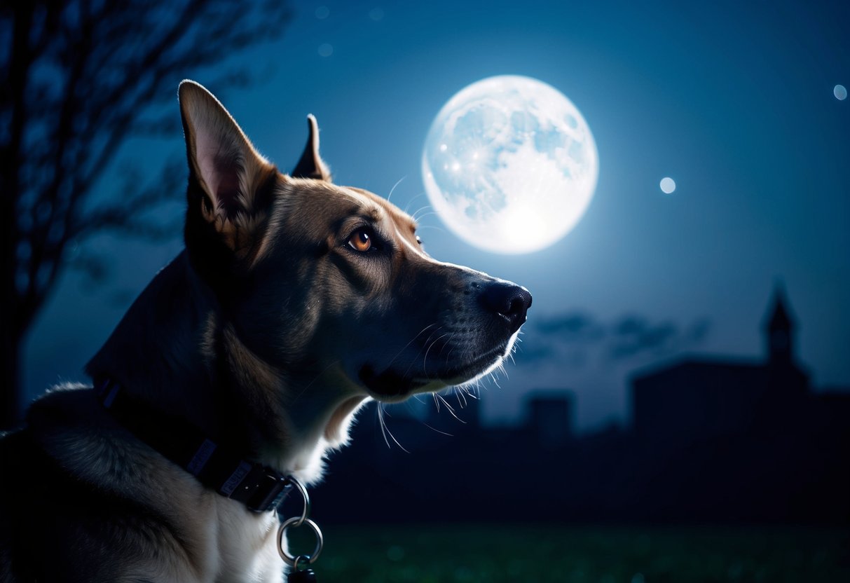 A dog with bright eyes gazes out into the moonlit night, surrounded by shadows and silhouettes of trees and distant buildings