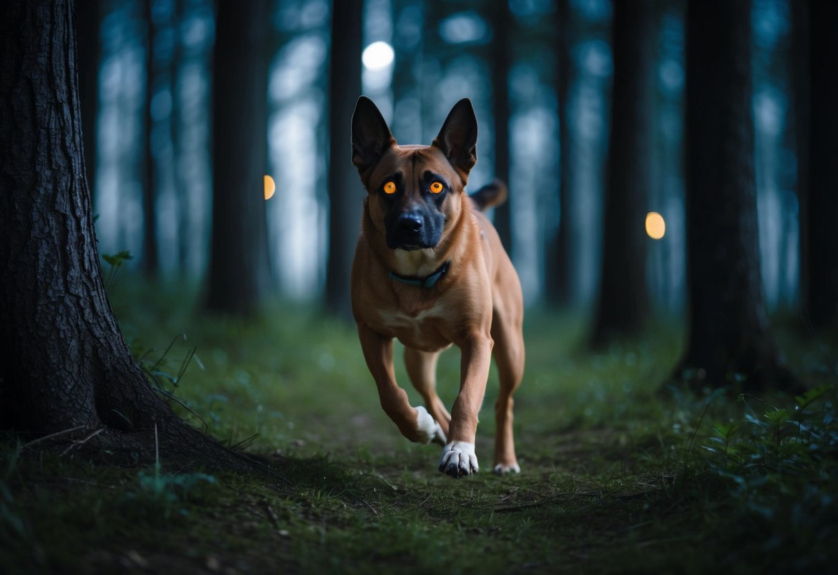 A dog with dilated pupils and heightened senses navigates through a dimly lit forest, utilizing its keen night vision to detect movement and obstacles
