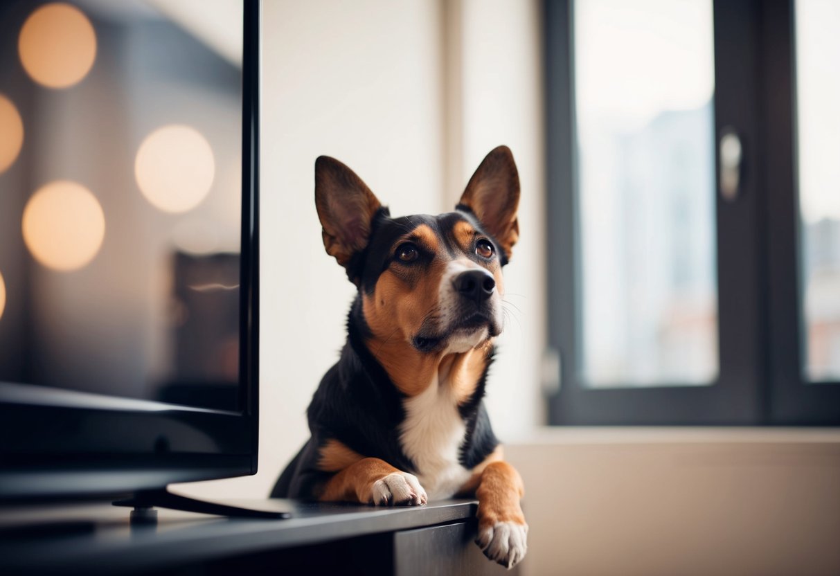 A dog sits in front of a TV, watching intently with head tilted and ears perked up