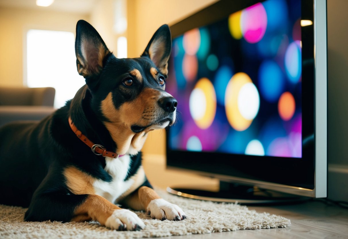 A dog sitting in front of a television, watching intently with head tilted and ears perked