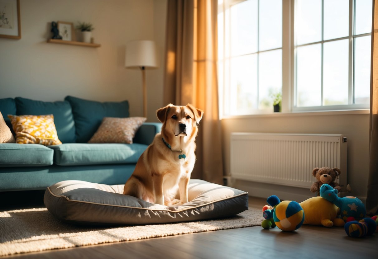 A dog sits alone in a cozy living room, surrounded by toys and a comfortable bed. The sunlight streams in through the window, casting warm rays across the room