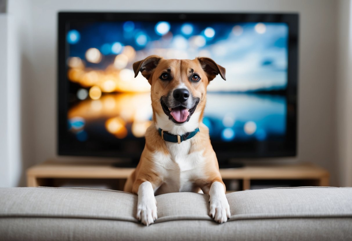 A dog sitting in front of a TV, wagging its tail and watching intently