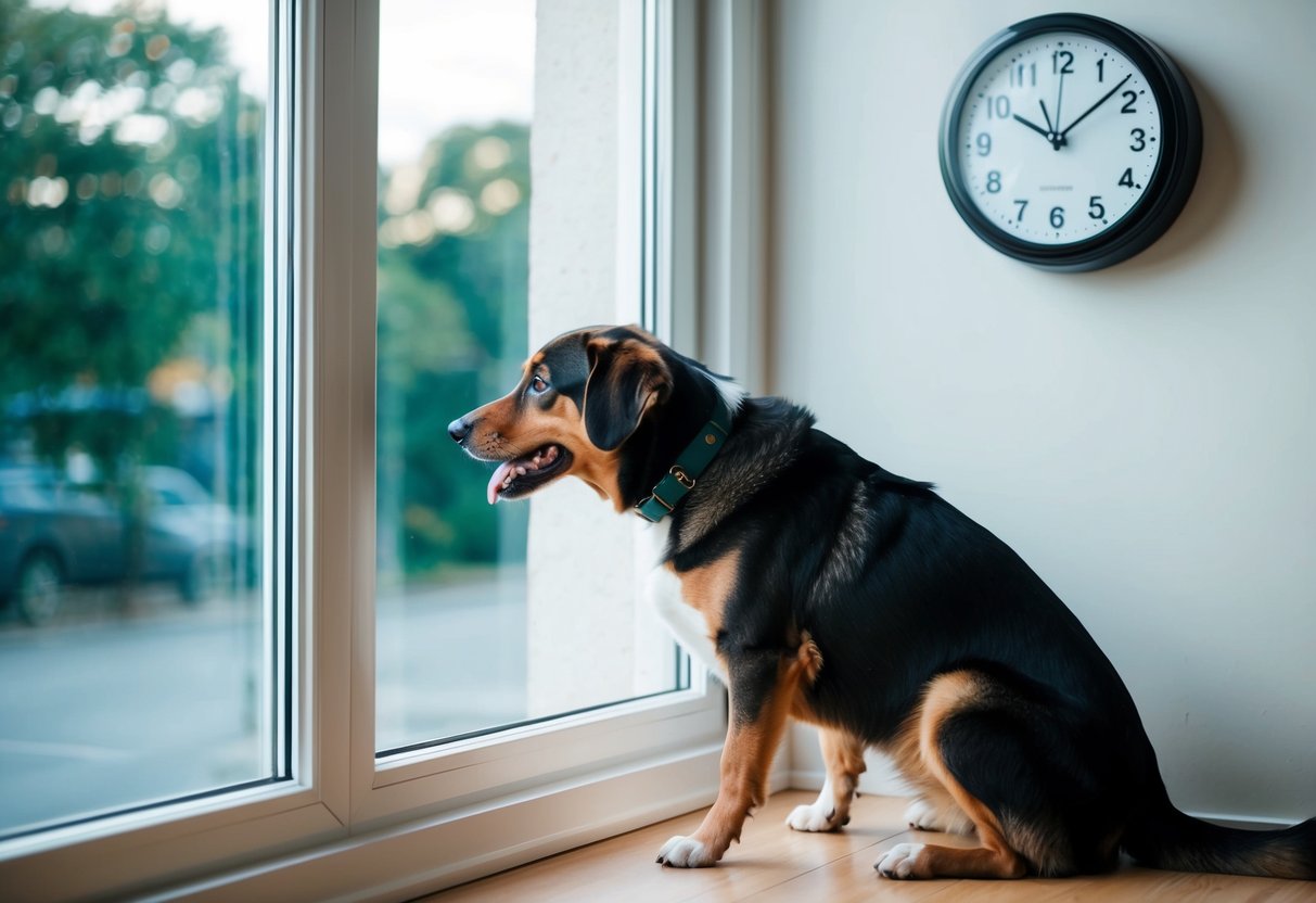 A dog sitting by a window, looking out longingly as the owner leaves for work, with a clock on the wall showing eight hours passing