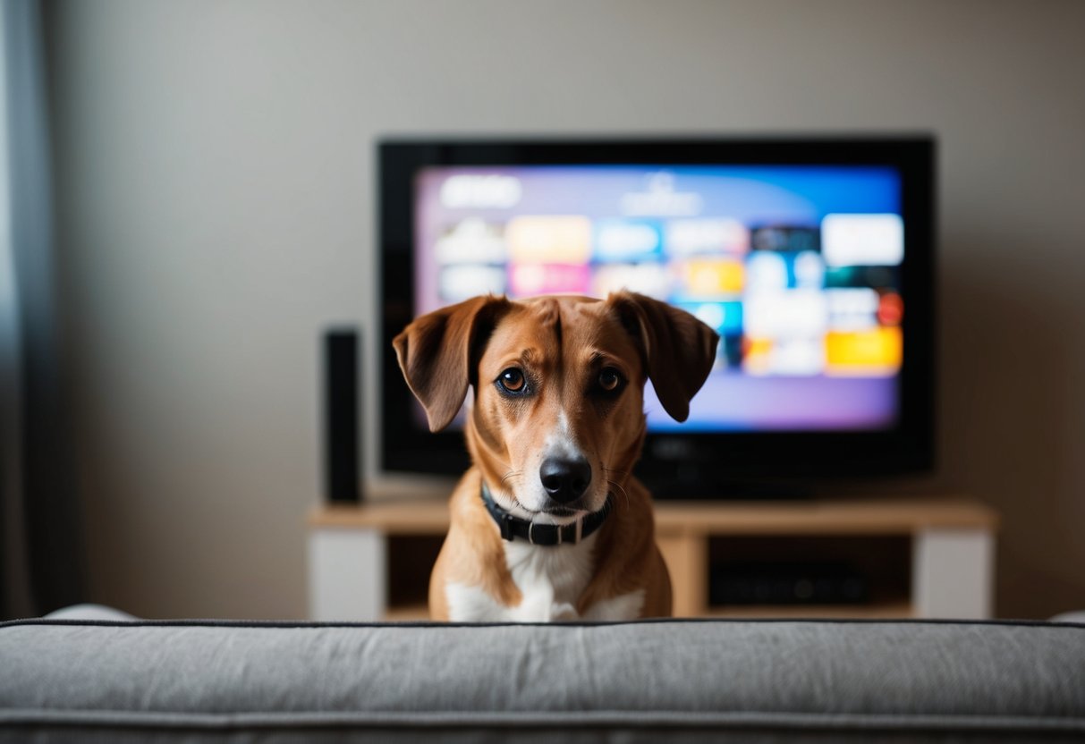 A dog sitting in front of a TV, watching intently with head tilted, ears perked, and eyes focused on the screen
