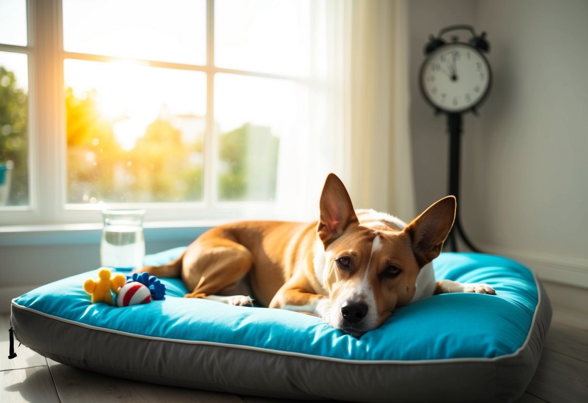 A dog lying contentedly on a comfortable bed with toys and water nearby, sunlight streaming through a window, and a clock showing 8 hours passing
