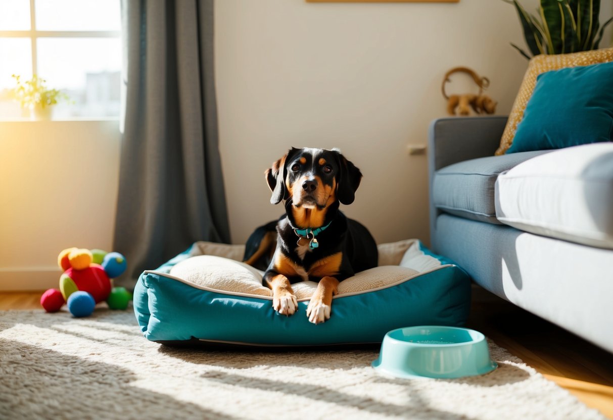 A cozy and comfortable dog bed placed in a sunlit corner of a living room, surrounded by toys and water bowl