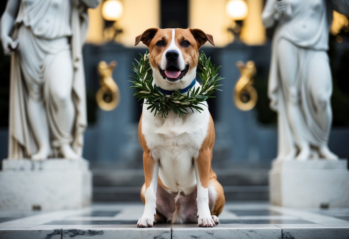 A dog sitting proudly with a laurel wreath around its neck, surrounded by Greek statues and symbols