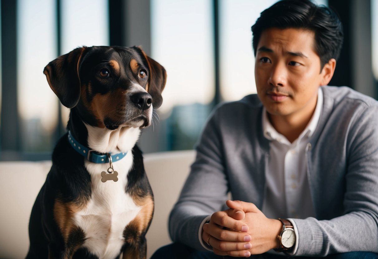 A dog wearing a collar with a name tag, sitting next to a person with a thoughtful expression