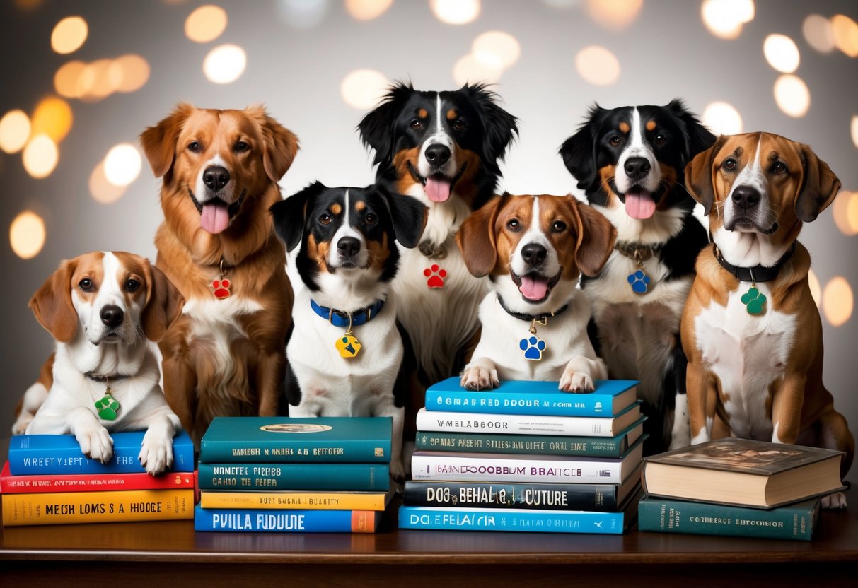 A variety of dogs with name tags, some with human names, surrounded by books on dog behavior and popular culture