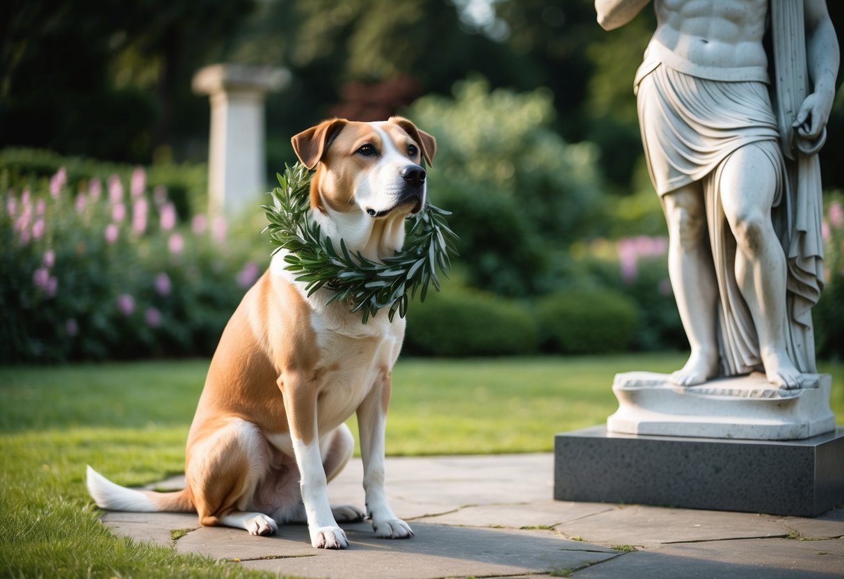 A dog with a laurel wreath around its neck, sitting beneath a statue of a Greek god in a serene garden setting