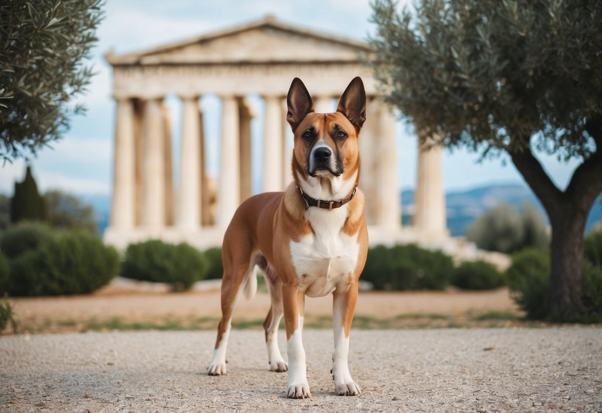 A dog with a regal posture, standing in front of a Greek temple, surrounded by olive trees