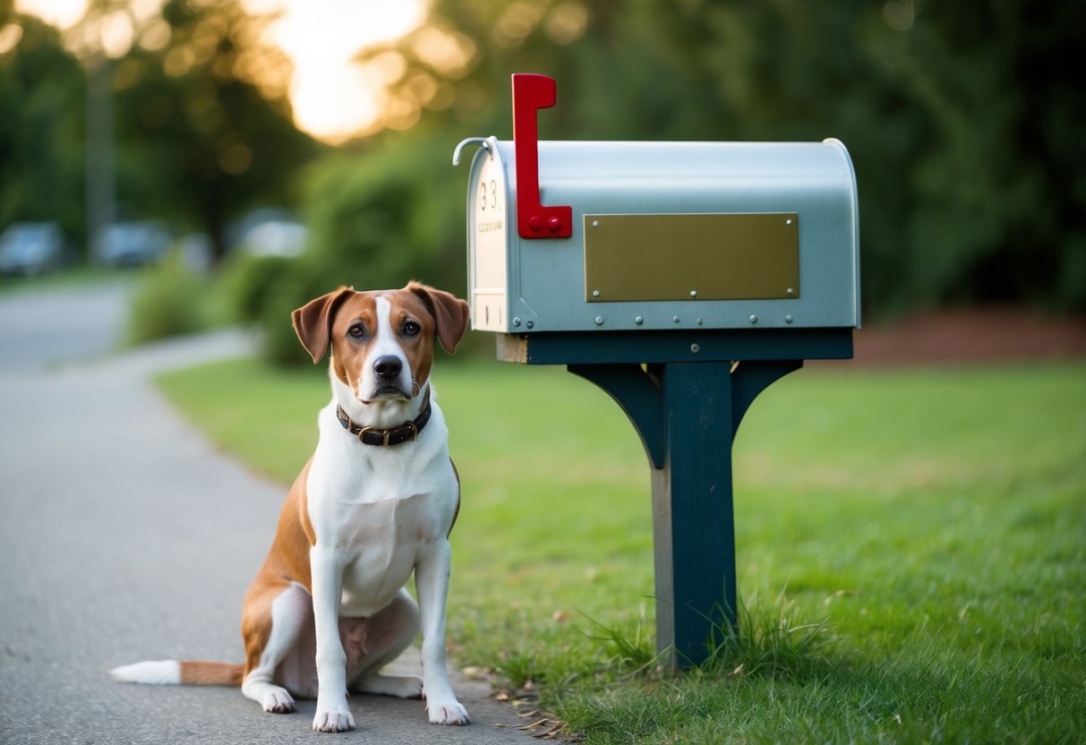 A dog with a collar sits next to a mailbox with a nameplate
