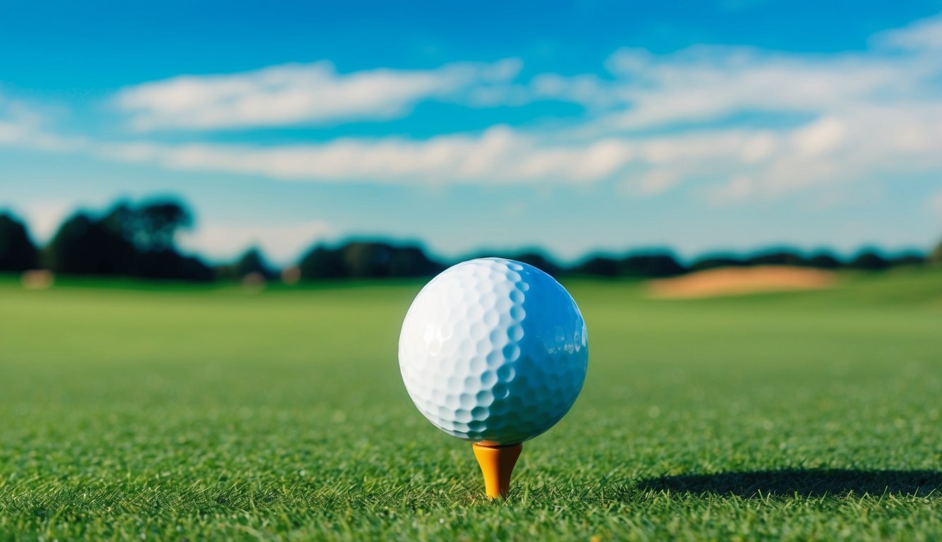 Sebuah bola golf ditempatkan di atas lapangan hijau yang subur, dengan langit biru cerah dan pohon-pohon di kejauhan.