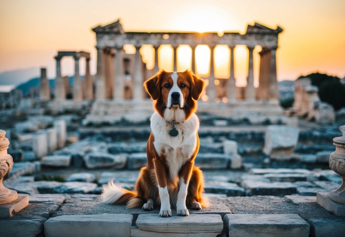 A regal-looking dog sits in front of a backdrop of ancient Greek ruins, with the sun setting behind them, casting a warm glow over the scene