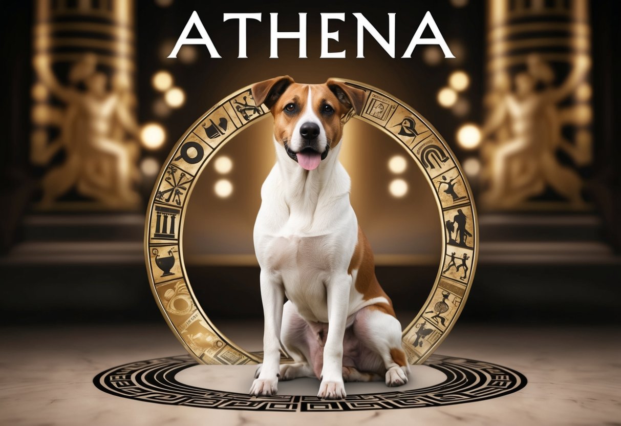 A dog with a regal stance, surrounded by ancient Greek symbols and imagery, as the name "Athena" hovers above in a bold and elegant font