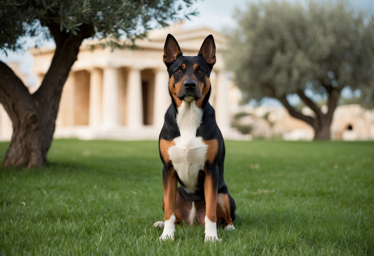 A regal, wise-looking dog with piercing eyes stands proudly in a grassy field, surrounded by ancient Greek architecture and olive trees