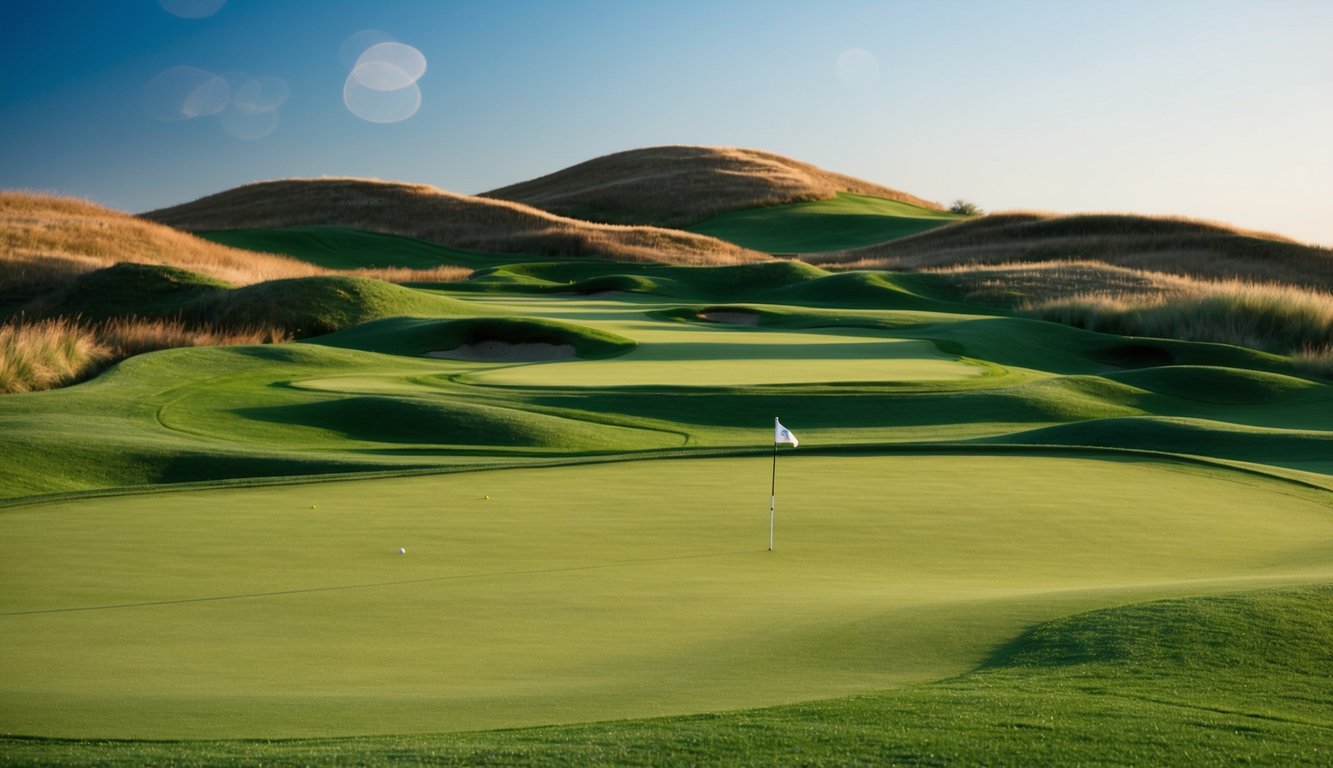 Sebuah lapangan golf dengan fairway hijau subur, bukit-bukit bergelombang, dan langit biru yang cerah