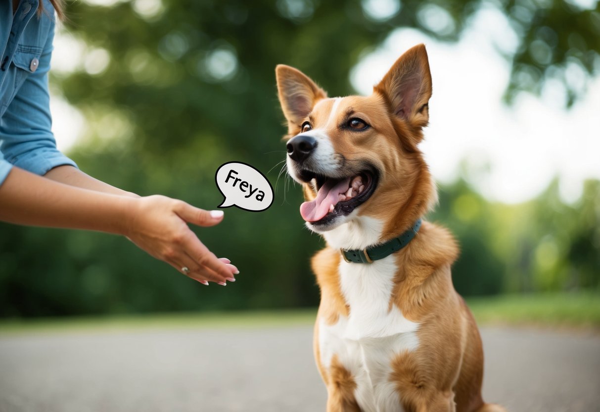 A joyful dog with a wagging tail responds to the name "Freya" called out by its owner