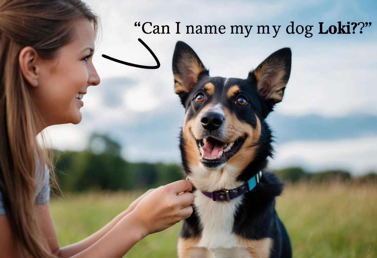 A dog with pointy ears and a mischievous expression looks up eagerly as its owner asks, "Can I name my dog Loki?"