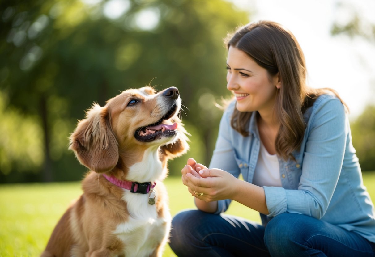 A happy dog with floppy ears looks up at its owner, tail wagging eagerly