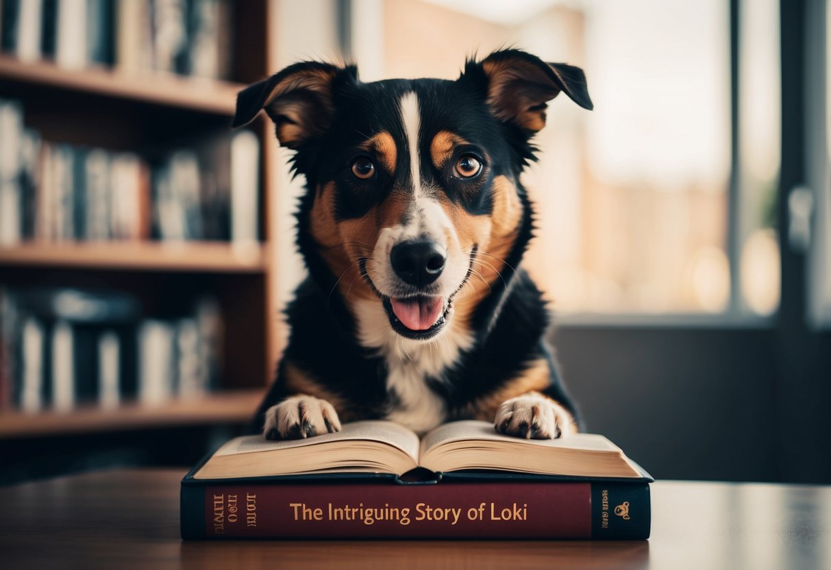 A mischievous dog with a sly expression sits in front of a book titled "The Intriguing Story of Loki."