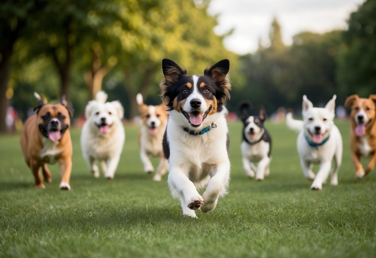 A happy dog named Lucy playing in a park surrounded by other dogs with various names