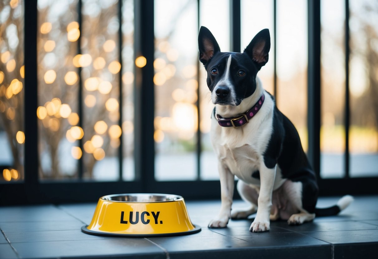 A dog with a collar sits next to a bowl labeled "Lucy."