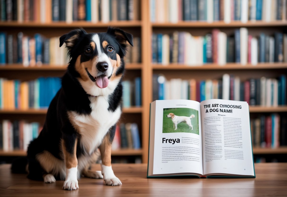 A dog sitting in front of a bookshelf with "The Art of Choosing a Dog Name" open to a page about popular trends and traditions, with the name "Freya" highlighted