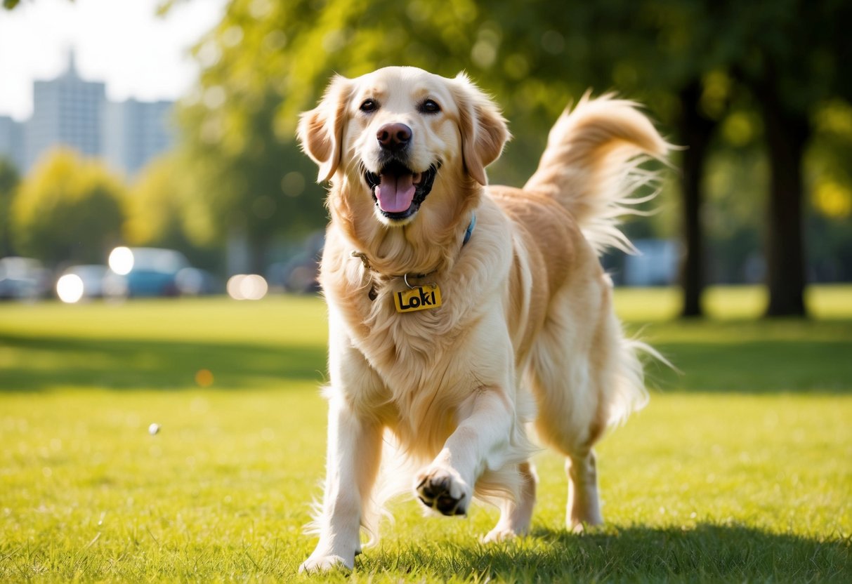A joyful golden retriever responds to the name "Loki," wagging its tail while playing fetch in a sunny park
