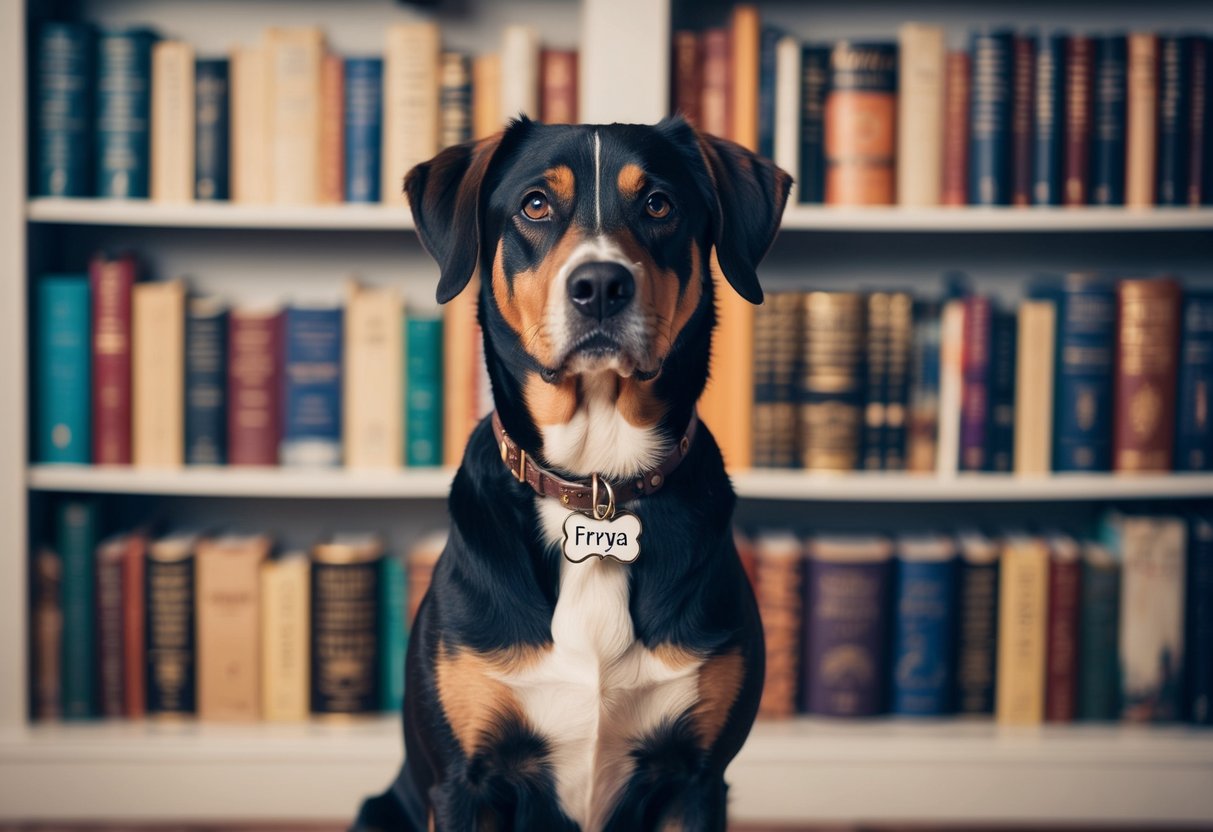 A dog with a regal expression sits in front of a bookshelf filled with classic literature and fantasy novels. The name "Freya" is written on a dog tag hanging from its collar