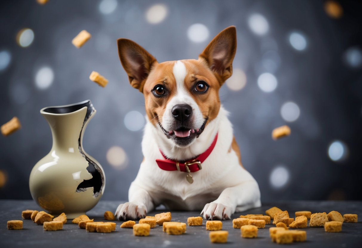 A mischievous dog with a mischievous expression, surrounded by symbols of trickery and mischief, like a broken vase and scattered treats