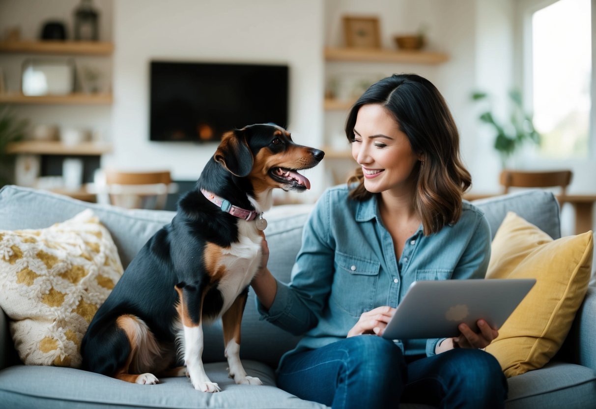 A person and a dog sit together in a cozy living room. The person looks down at the dog with a smile, saying "Lucy" as the dog wags its tail
