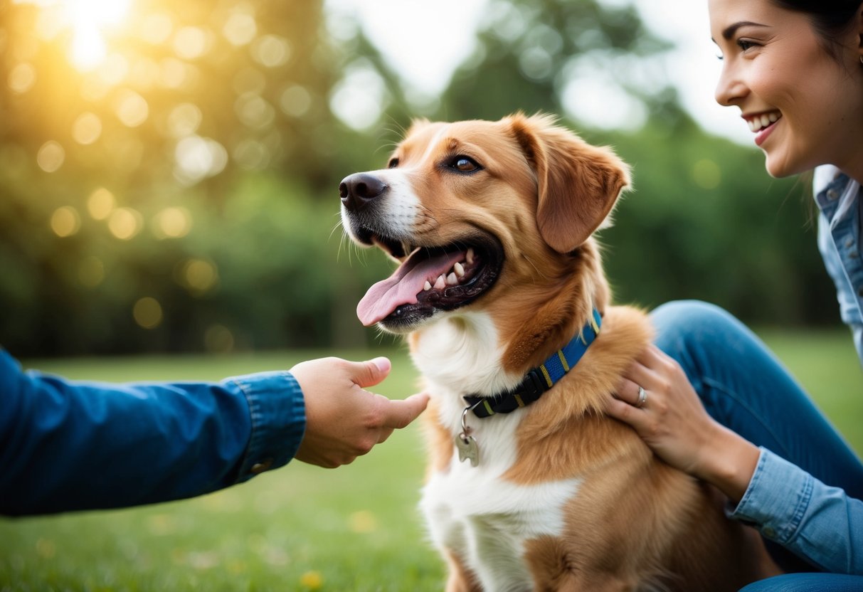 A happy dog with a wagging tail responds to the name "Luna" called out by its owner