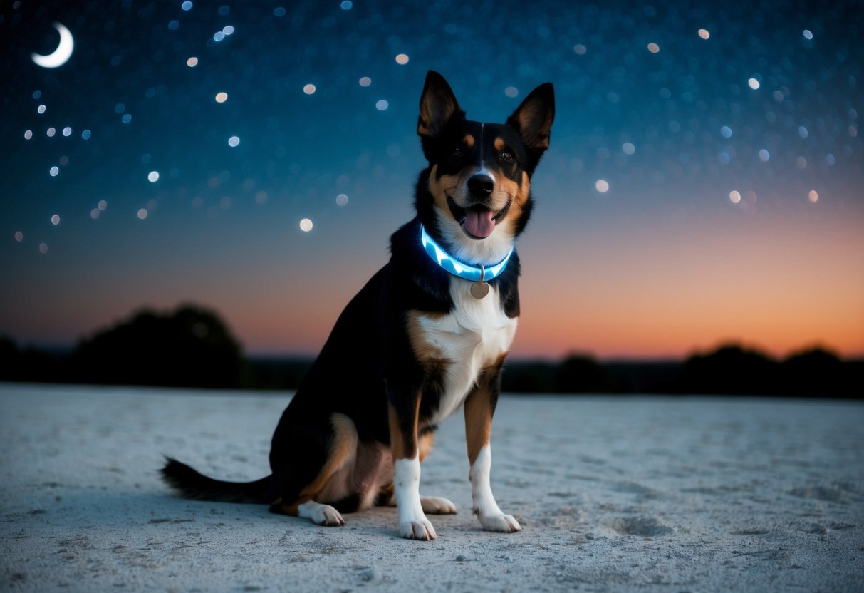A dog with a crescent moon collar sits under a starry night sky
