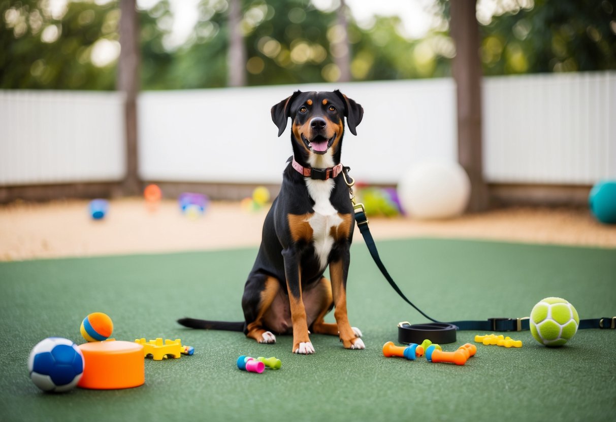 A 2-year-old dog sitting attentively in a training area, with various toys and treats scattered around. A leash and collar are nearby
