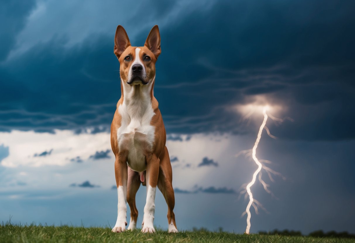 A dog with a regal stance and a powerful presence, standing proudly against a backdrop of stormy clouds and lightning