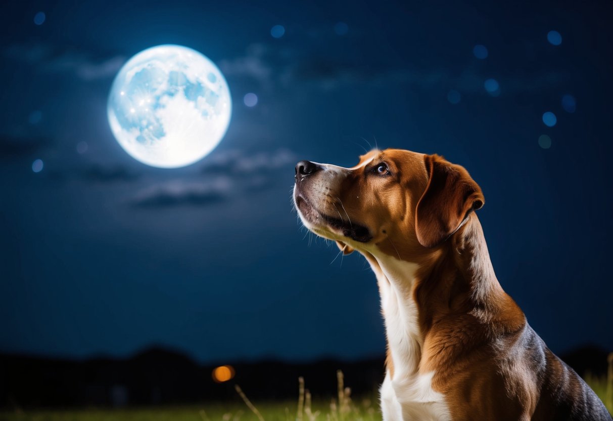 A dog with a shiny coat gazes up at the night sky, where a full moon illuminates the landscape