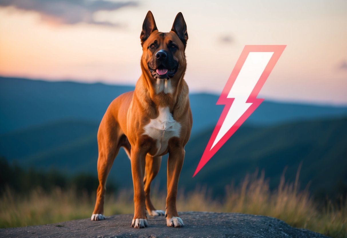 A majestic dog with a strong build and a regal expression, standing proudly with a lightning bolt symbol in the background