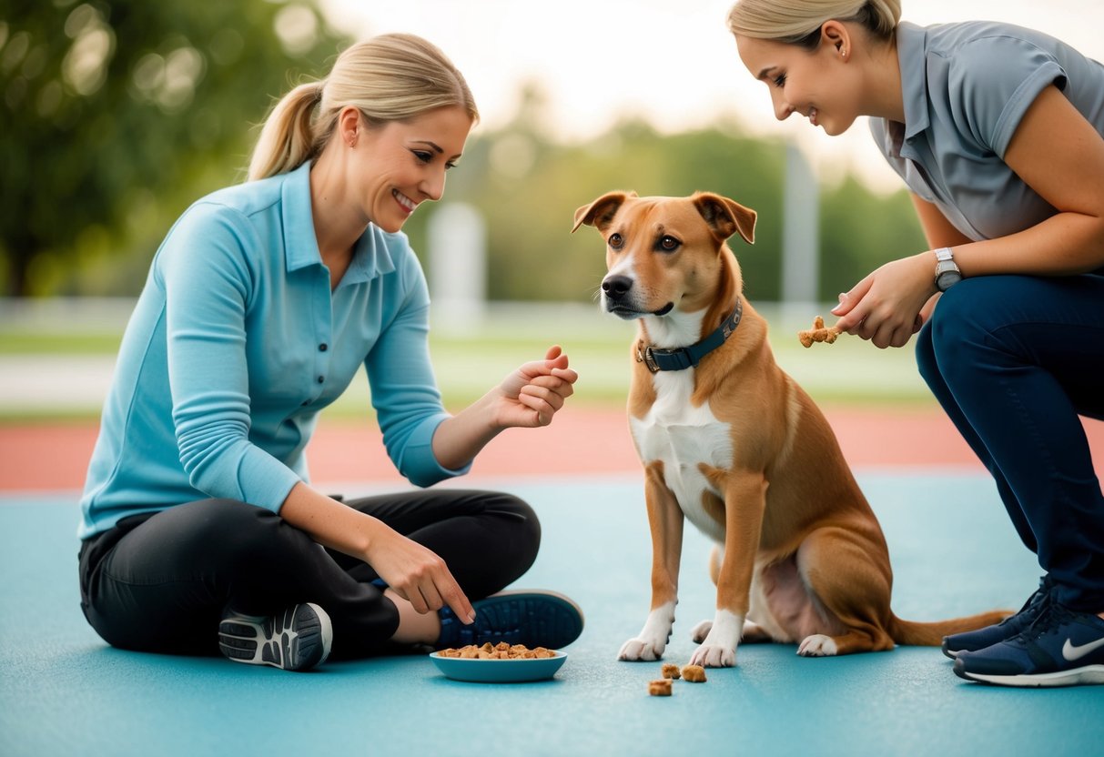 A 2-year-old dog sitting attentively, engaged in training exercises with its owner using positive reinforcement and treats