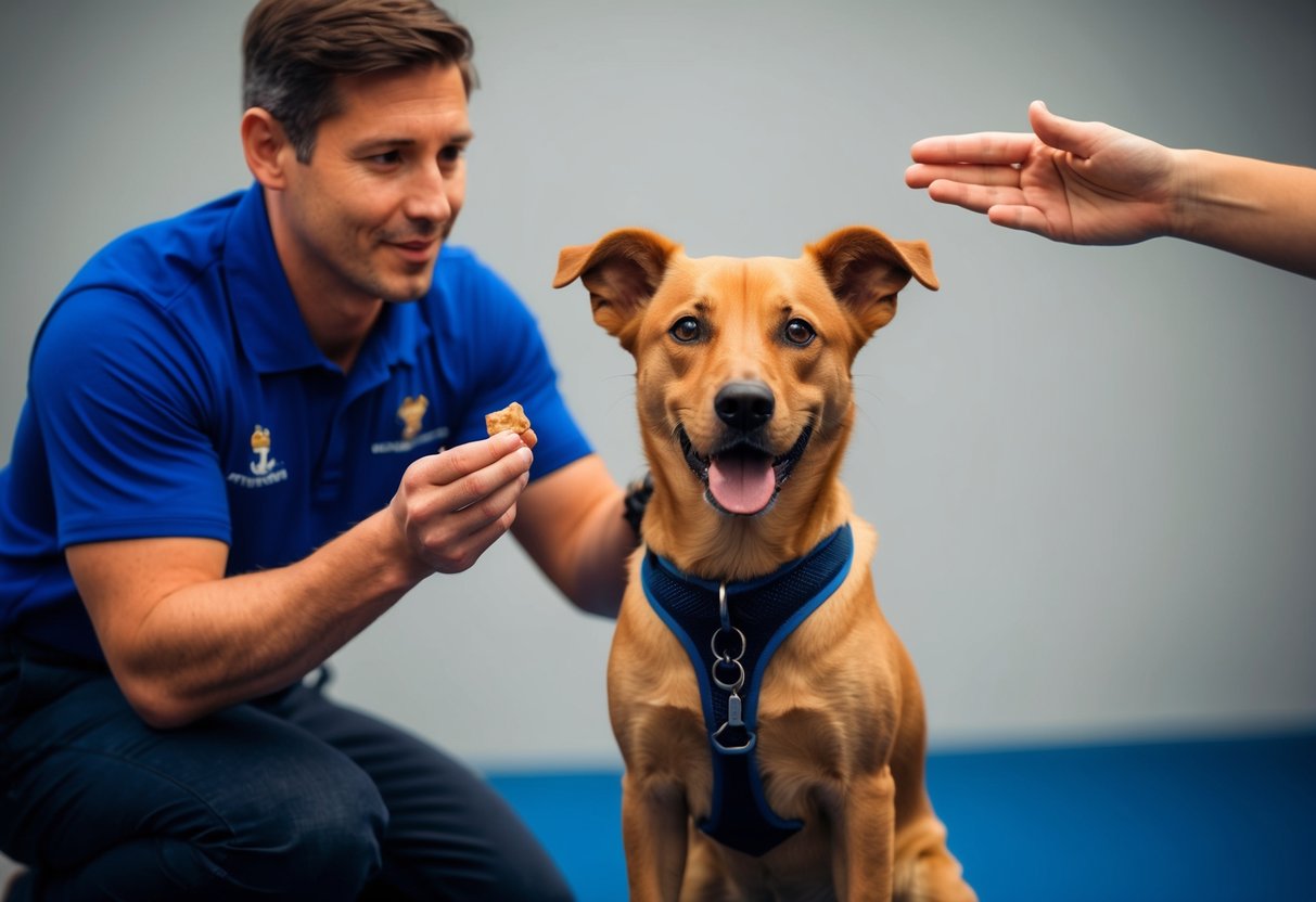A 2-year-old dog sits attentively, focused on a trainer holding a treat. The trainer gestures, indicating a training routine