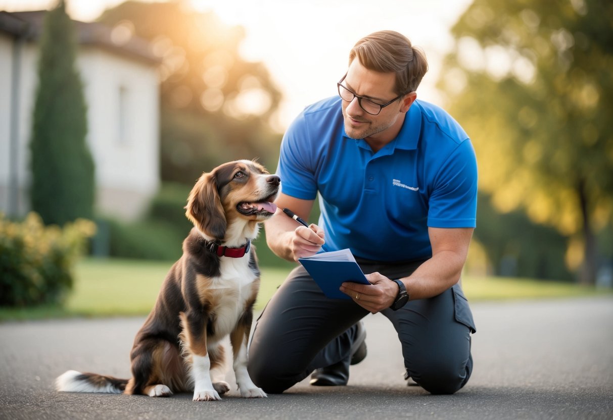 A dog owner seeking advice from a professional trainer, while their 2-year-old dog looks on eagerly