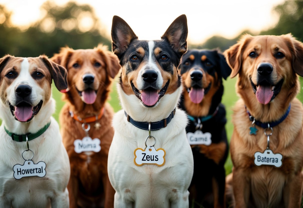 A dog named Zeus surrounded by other dogs with various regional names on name tags