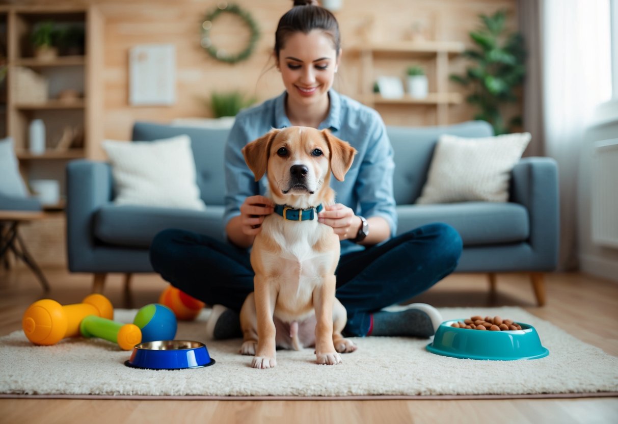 A 1-year-old dog sits in a cozy living room, surrounded by toys and a food dish. Its owner holds a new collar, ready to rename it