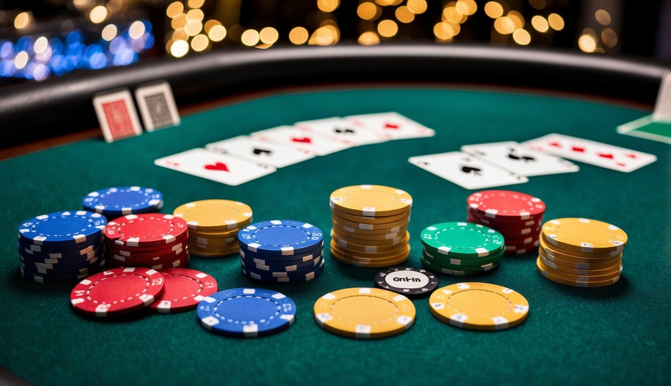 Sekelompok chip poker berwarna-warni tersebar di atas meja felt hijau, dengan kartu dan tombol dealer disusun untuk permainan Ceme Online Terbaik