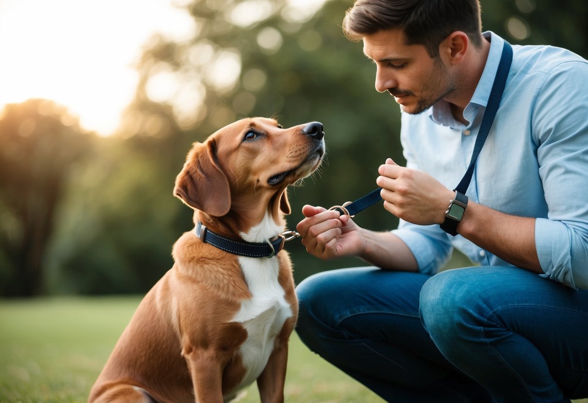 A person holding a dog's collar, looking at the dog with a thoughtful expression. The dog is sitting obediently, looking up at the person