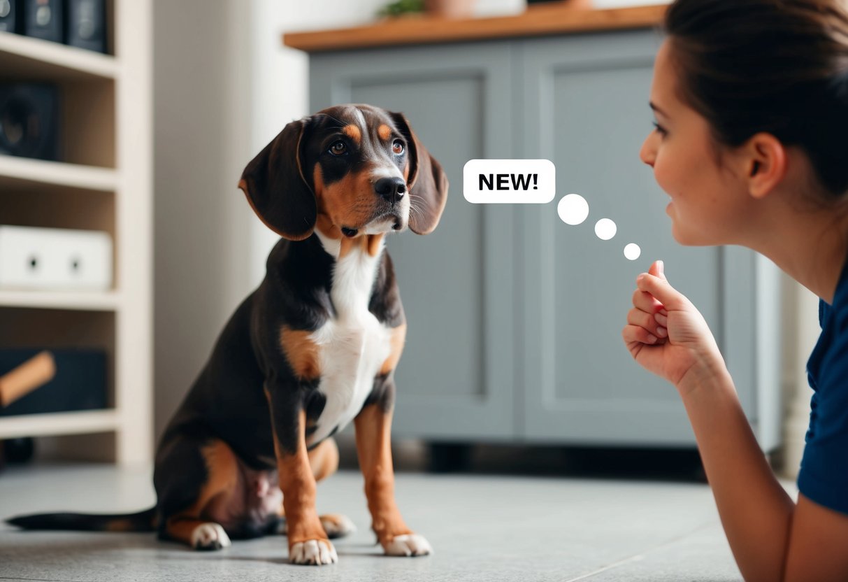 A 1-year-old dog sitting attentively as its owner calls out a new name, with a thoughtful expression on its face