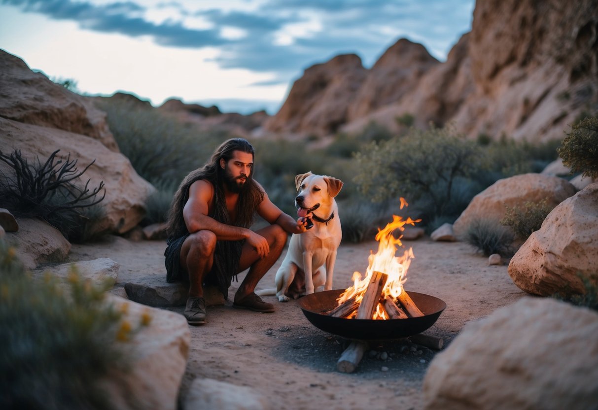 A caveman and a dog sit together by a fire, surrounded by rocky terrain and prehistoric vegetation